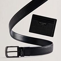 ETWOOD Black Etched Leather Belt & Card Holder Set