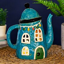 Blue Teapot House Tealight Holder