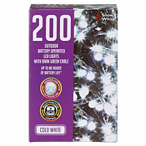 200 Cold White Outdoor Battery Operated LED Lights With Dark Green Cable