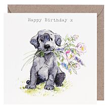 Black Lab with Bouquet Square Birthday Card