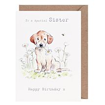 Puppy with Daisies ‘Sister’ Birthday Card