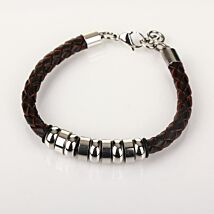 Men's 9 Ring Stainless Steel Brown Leather Bracelet