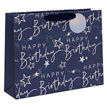 Happy Birthday Blue Script Landscape Large Gift Bag