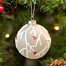 White With Branch and Berries Glass Bauble