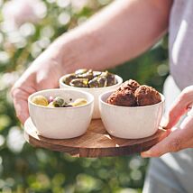Set of Three Round Snack Dishes And Wooden Tray Set