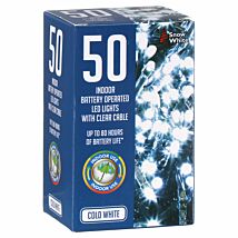 50 Cold White Indoor Battery-Operated LED Christmas Lights With Clear Cable