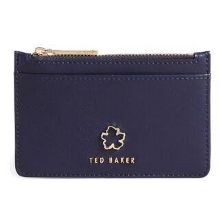 JORJIO Dark Blue Leather Flower Eyelet Zip Card Holder