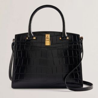 MYFAIR Black Croc Leather Padlock Medium Handbag