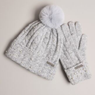 KERRIE Grey Knitted Bobble Hat & Gloves Boxed Gift Set