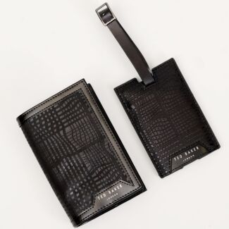 ETWELL Black Etched Leather Luggage Tag and Passport Cover Set