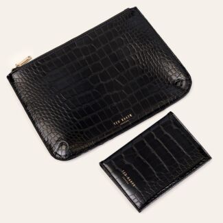KELLIII Black Croc Effect Travel Pouch and Passport Cover Set