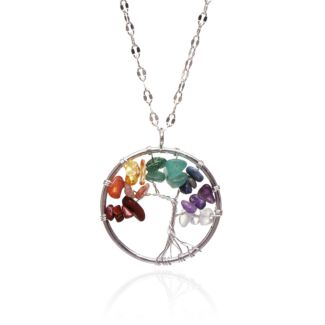 Silver Plated Natural Quartz Tree of Life Circle Necklace