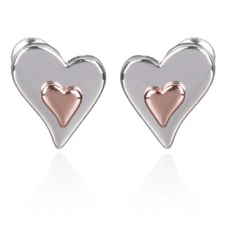 Silver & Rose Gold Plated Polished Two Tone Heart Stud Earrings