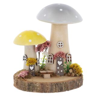 Spring Folk Art Grey & Yellow Double Mushroom Cottages