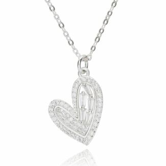 Silver Plated Bling Pave Baguette Heart Necklace