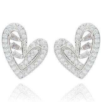 Silver Plated Bling Pave Baguette Heart Earrings