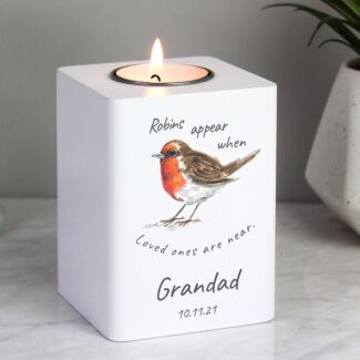 Personalised Robins Appear White Wooden Tealight Holder