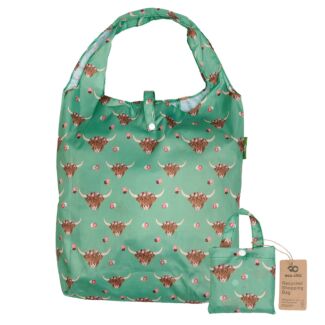 Green Floral Highland Cow Recycled Foldaway Shopper