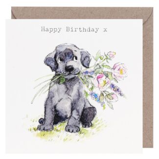 Black Lab with Bouquet Square Birthday Card