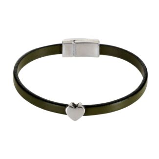 Silver Heart Charm Khaki Leather Bracelet