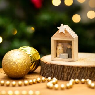 Wooden Tiny Nativity Set In Stable