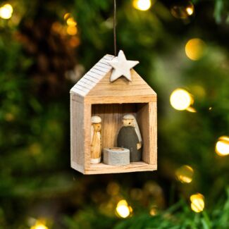 Wooden Tiny Hanging Nativity Set In Stable