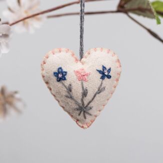 Embroidered Felt Floral Cream Hanging Heart