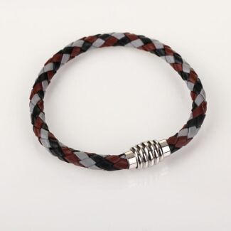 Men's Three Tone Plait Leather Bracelet Grey Red Black