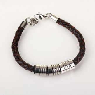 Men's 7 Ring Stainless Steel Brown Leather Bracelet