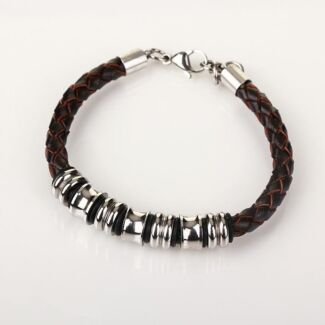 Men's Spaced Stainless Steel Brown Leather Bracelet