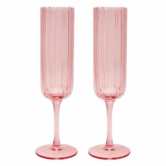 Set of 2 Hestia Bright Pink Scalloped Glass Champagne Flutes Widdop