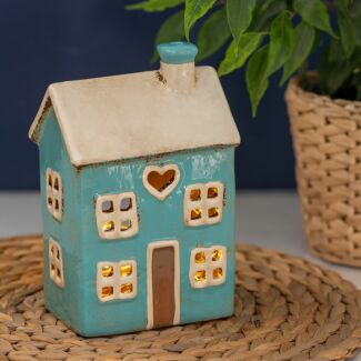 Bright Blue Heart House Tealight Holder