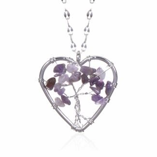 Silver Plated Amethyst Tree of Life Heart Necklace