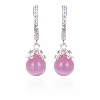 Silver Plated Pink Moonstone Floral Hoop Earrings 