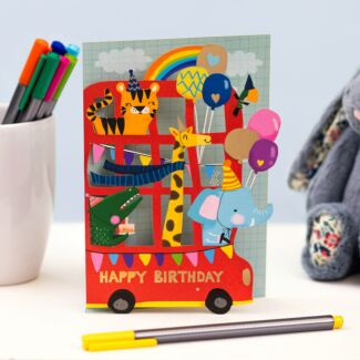 Safari Bus Paper Cut Art Birthday Card