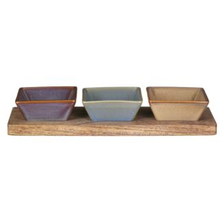 Set of Three Snack Dishes & Wooden Tray Set