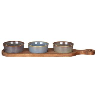 Long Set of Three Snack Dishes & Wooden Tray Set