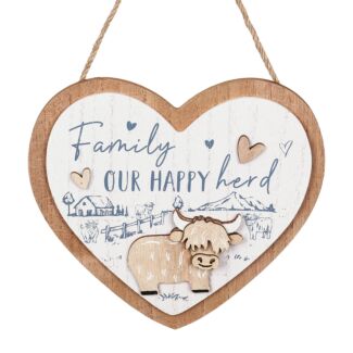 Highland Cow ‘Family’ Wooden Hanging Heart Plaque
