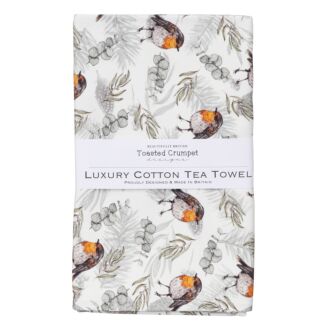 ‘Robin & Eucalyptus’ White Tea Towel