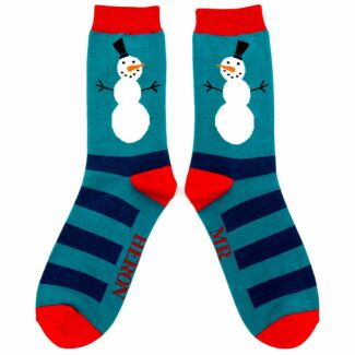 Teal Snowman Stripe Men’s Bamboo Christmas Socks