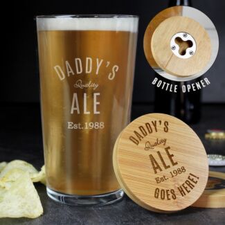 Personalised ‘Free Text’ Bamboo Bottle Opener Coaster & Pint Glass Set