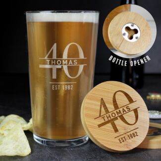 Personalised ‘Big Age’ Bamboo Bottle Opener Coaster & Pint Glass Set