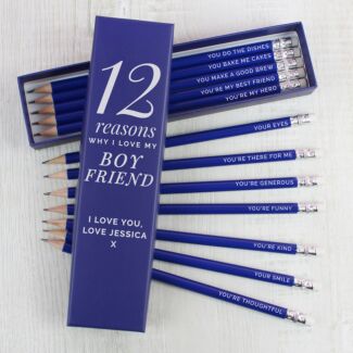 Personalised ‘12 Reasons’ Box and 12 Blue HB Pencils