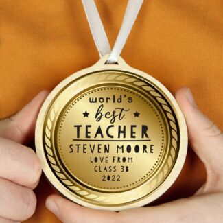 Personalised ‘World’s Best Teacher’ Round Wooden Medal