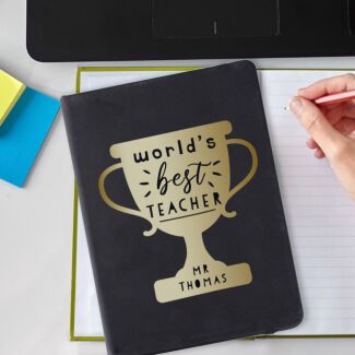 Personalised ‘World’s Best Teacher’ Trophy Black Hardback A5 Notebook