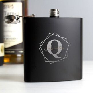 Personalised Boxed Black Geometric Initial Hip Flask