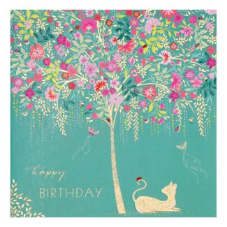 Cat & Floral Tree Birthday Card