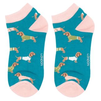 Teal Pups In Coats Women’s Bamboo Trainer Socks