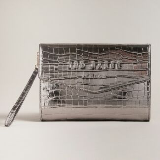 CROCEY Gunmetal Croc Envelope Pouch Bag