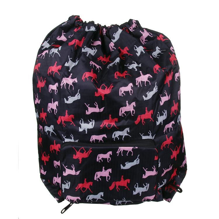 Eco Chic Foldaway Drawstring Bag Black Horses Print - 6.39 Eco Chic Foldaway Drawstring Bag Black Horses Print
